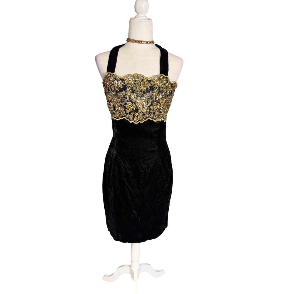 Vintage Scott McLintock Black Velvet Gold Beaded Dress